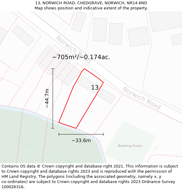 13, NORWICH ROAD, CHEDGRAVE, NORWICH, NR14 6ND: Plot and title map