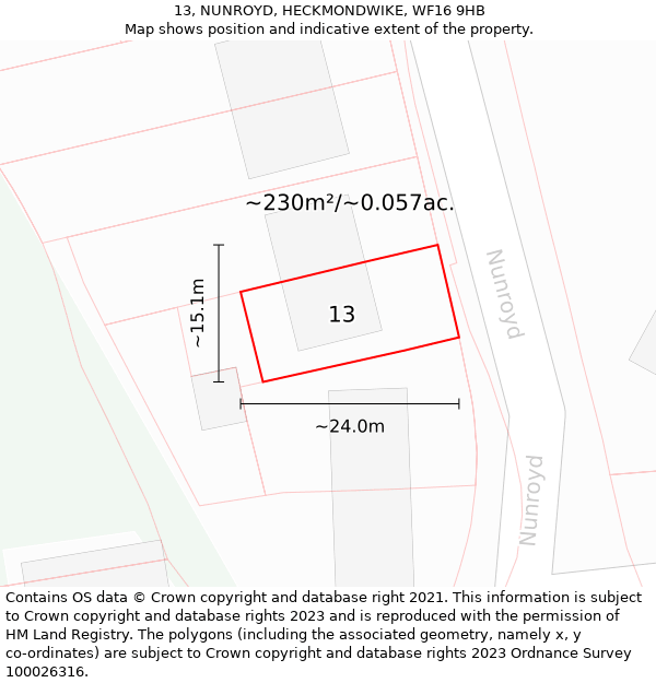 13, NUNROYD, HECKMONDWIKE, WF16 9HB: Plot and title map