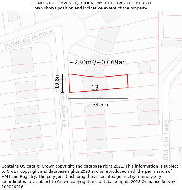 13, NUTWOOD AVENUE, BROCKHAM, BETCHWORTH, RH3 7LT: Plot and title map