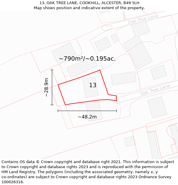 13, OAK TREE LANE, COOKHILL, ALCESTER, B49 5LH: Plot and title map