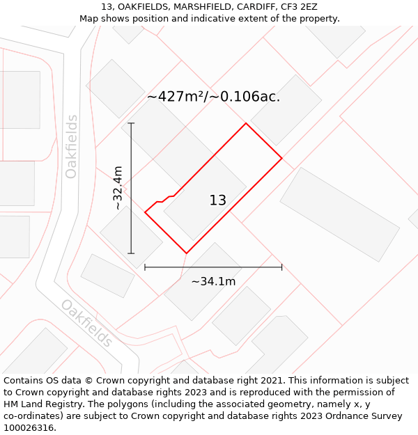 13, OAKFIELDS, MARSHFIELD, CARDIFF, CF3 2EZ: Plot and title map