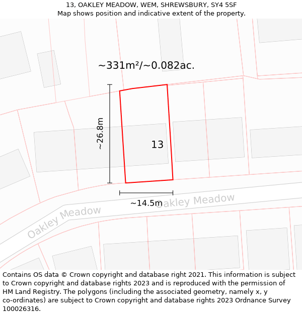 13, OAKLEY MEADOW, WEM, SHREWSBURY, SY4 5SF: Plot and title map