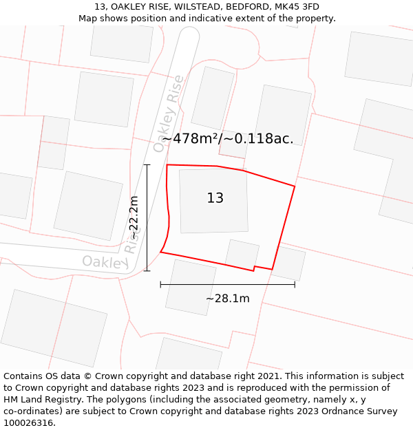 13, OAKLEY RISE, WILSTEAD, BEDFORD, MK45 3FD: Plot and title map