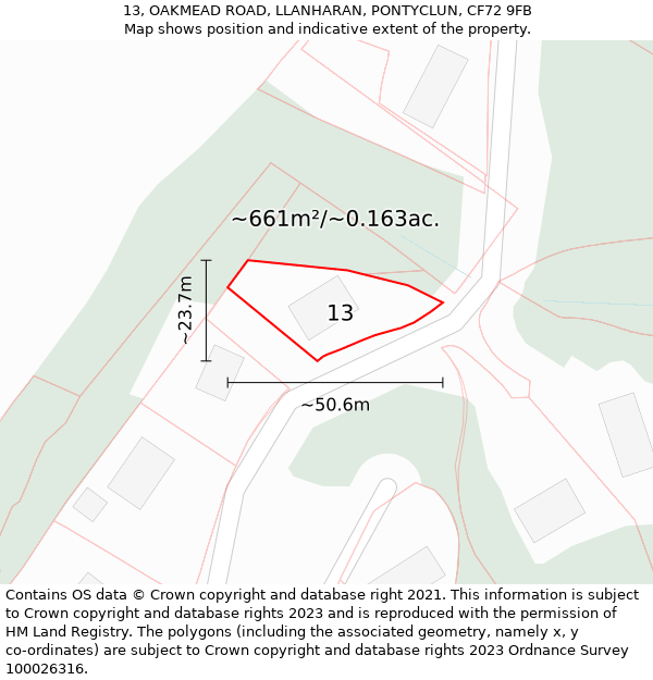 13, OAKMEAD ROAD, LLANHARAN, PONTYCLUN, CF72 9FB: Plot and title map