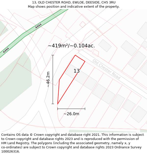 13, OLD CHESTER ROAD, EWLOE, DEESIDE, CH5 3RU: Plot and title map