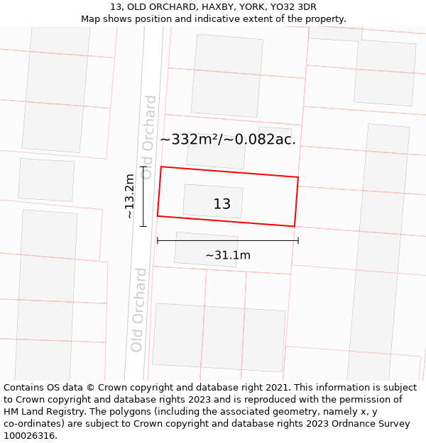 13, OLD ORCHARD, HAXBY, YORK, YO32 3DR: Plot and title map