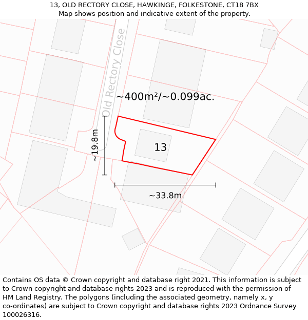 13, OLD RECTORY CLOSE, HAWKINGE, FOLKESTONE, CT18 7BX: Plot and title map