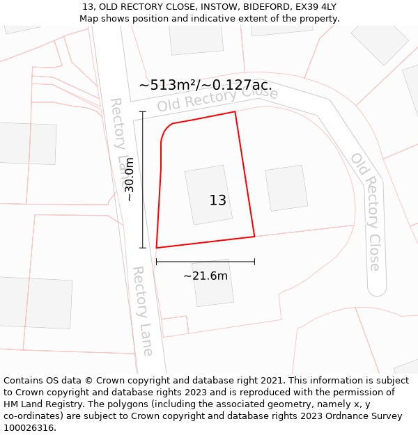 13, OLD RECTORY CLOSE, INSTOW, BIDEFORD, EX39 4LY: Plot and title map