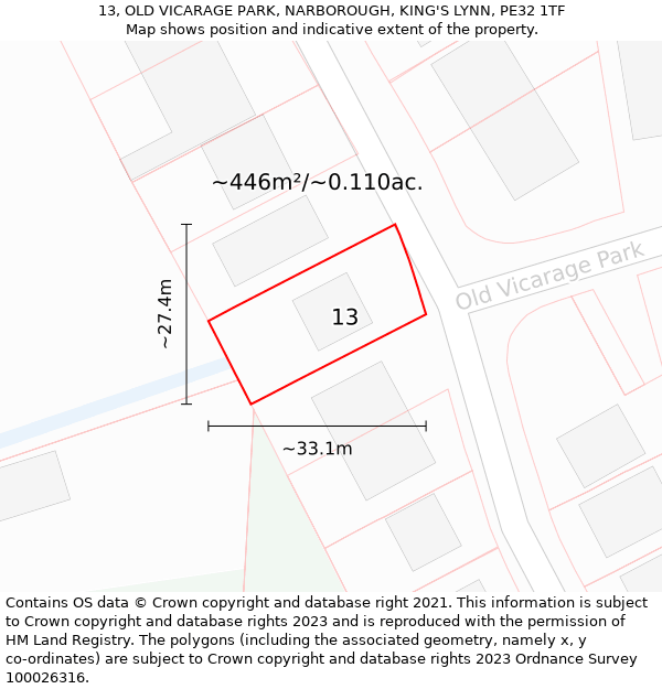 13, OLD VICARAGE PARK, NARBOROUGH, KING'S LYNN, PE32 1TF: Plot and title map