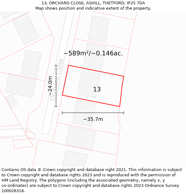 13, ORCHARD CLOSE, ASHILL, THETFORD, IP25 7DA: Plot and title map