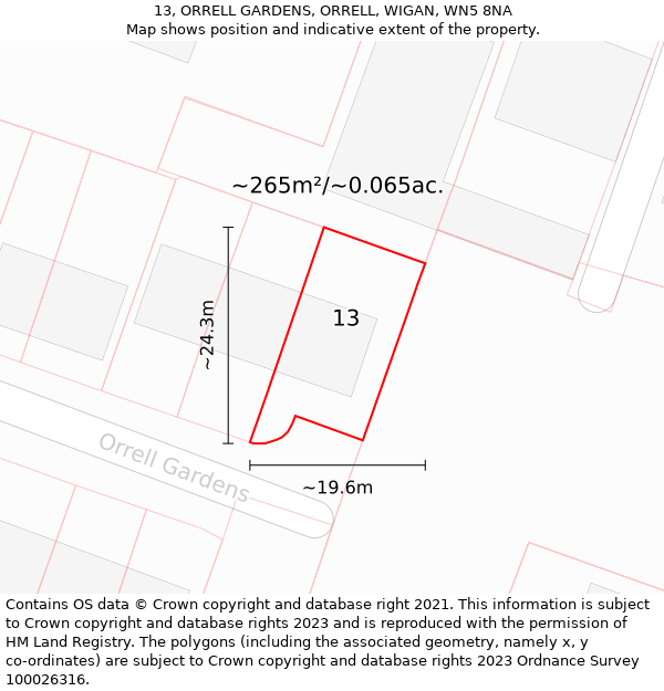 13, ORRELL GARDENS, ORRELL, WIGAN, WN5 8NA: Plot and title map