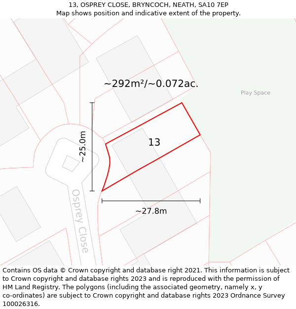 13, OSPREY CLOSE, BRYNCOCH, NEATH, SA10 7EP: Plot and title map