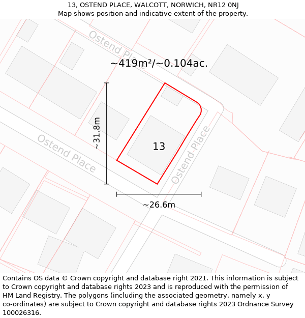 13, OSTEND PLACE, WALCOTT, NORWICH, NR12 0NJ: Plot and title map