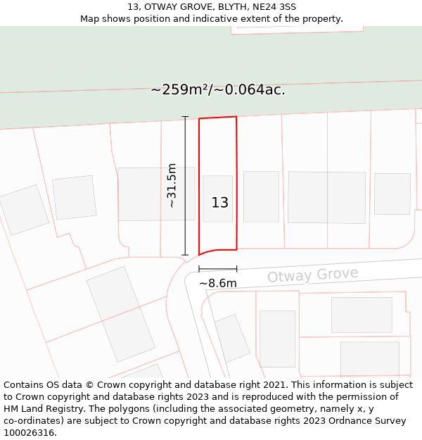 13, OTWAY GROVE, BLYTH, NE24 3SS: Plot and title map