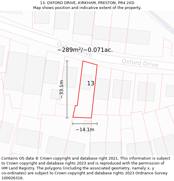 13, OXFORD DRIVE, KIRKHAM, PRESTON, PR4 2XD: Plot and title map