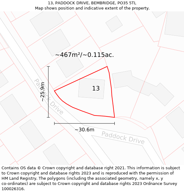 13, PADDOCK DRIVE, BEMBRIDGE, PO35 5TL: Plot and title map