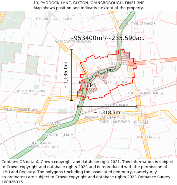 13, PADDOCK LANE, BLYTON, GAINSBOROUGH, DN21 3NF: Plot and title map