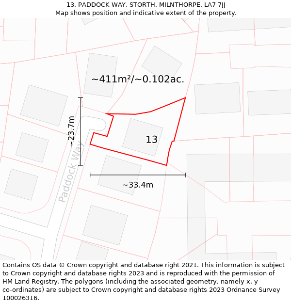 13, PADDOCK WAY, STORTH, MILNTHORPE, LA7 7JJ: Plot and title map