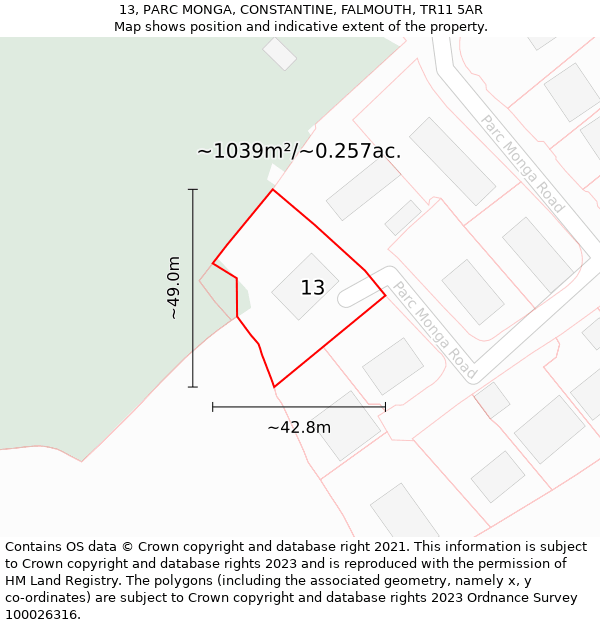 13, PARC MONGA, CONSTANTINE, FALMOUTH, TR11 5AR: Plot and title map