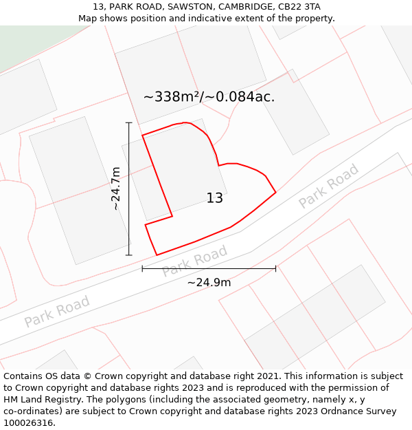 13, PARK ROAD, SAWSTON, CAMBRIDGE, CB22 3TA: Plot and title map