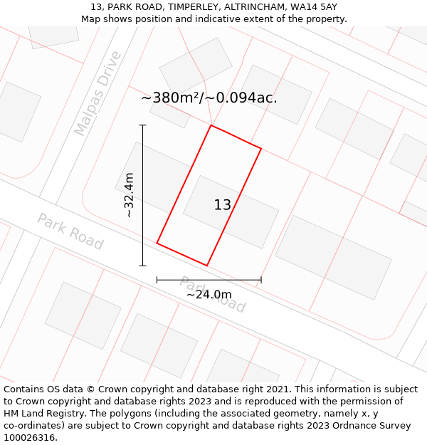 13, PARK ROAD, TIMPERLEY, ALTRINCHAM, WA14 5AY: Plot and title map