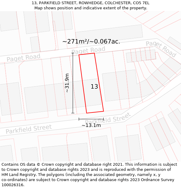 13, PARKFIELD STREET, ROWHEDGE, COLCHESTER, CO5 7EL: Plot and title map