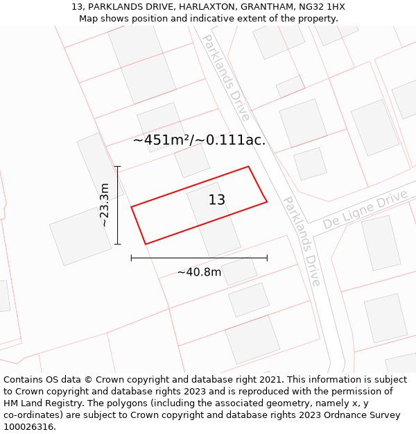 13, PARKLANDS DRIVE, HARLAXTON, GRANTHAM, NG32 1HX: Plot and title map