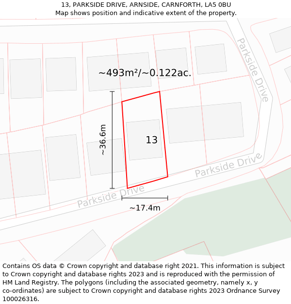 13, PARKSIDE DRIVE, ARNSIDE, CARNFORTH, LA5 0BU: Plot and title map