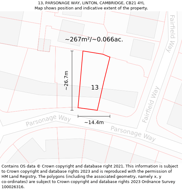 13, PARSONAGE WAY, LINTON, CAMBRIDGE, CB21 4YL: Plot and title map