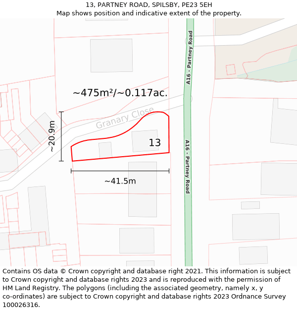 13, PARTNEY ROAD, SPILSBY, PE23 5EH: Plot and title map
