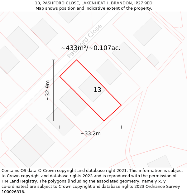 13, PASHFORD CLOSE, LAKENHEATH, BRANDON, IP27 9ED: Plot and title map