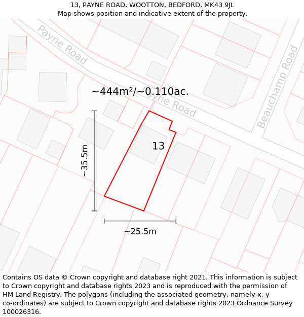 13, PAYNE ROAD, WOOTTON, BEDFORD, MK43 9JL: Plot and title map