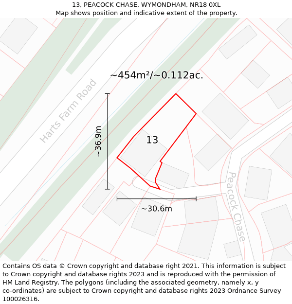 13, PEACOCK CHASE, WYMONDHAM, NR18 0XL: Plot and title map