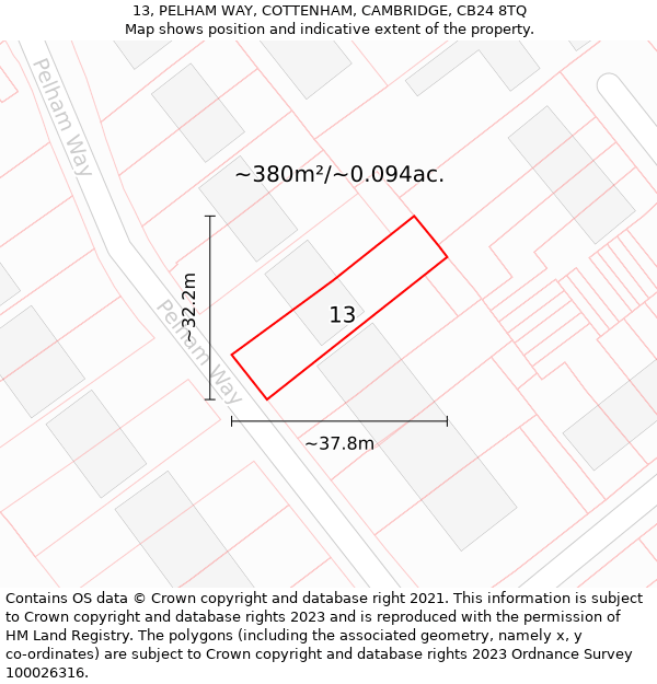 13, PELHAM WAY, COTTENHAM, CAMBRIDGE, CB24 8TQ: Plot and title map