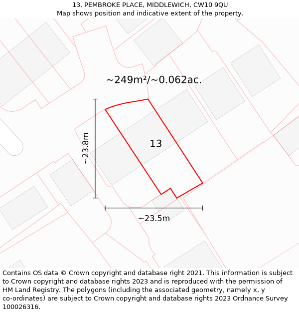 13, PEMBROKE PLACE, MIDDLEWICH, CW10 9QU: Plot and title map