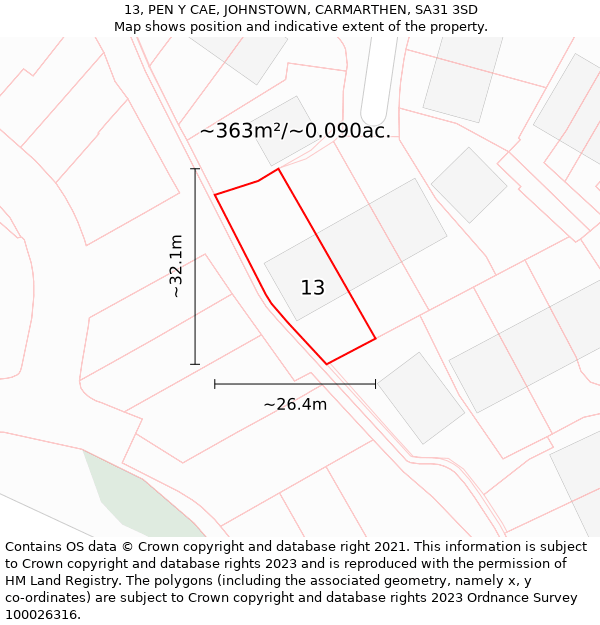 13, PEN Y CAE, JOHNSTOWN, CARMARTHEN, SA31 3SD: Plot and title map