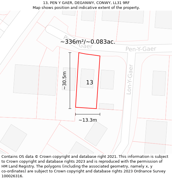 13, PEN Y GAER, DEGANWY, CONWY, LL31 9RF: Plot and title map