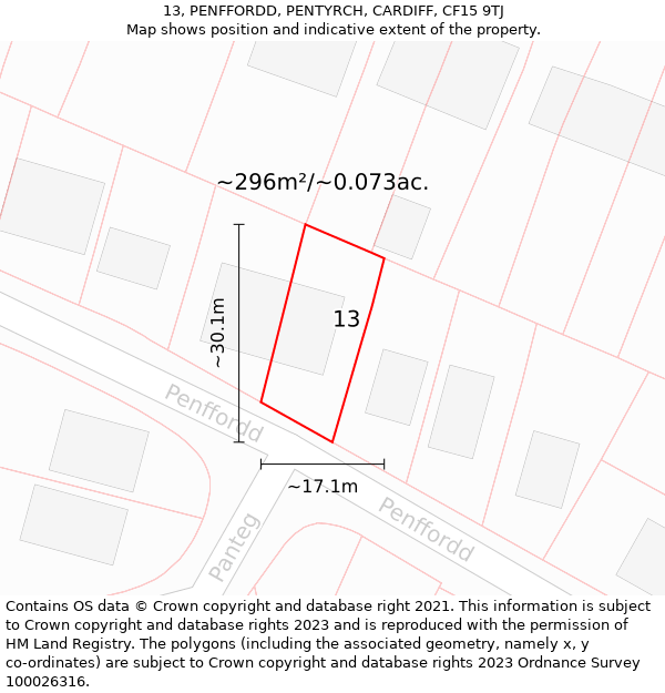 13, PENFFORDD, PENTYRCH, CARDIFF, CF15 9TJ: Plot and title map