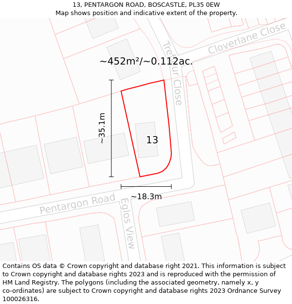 13, PENTARGON ROAD, BOSCASTLE, PL35 0EW: Plot and title map