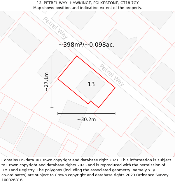 13, PETREL WAY, HAWKINGE, FOLKESTONE, CT18 7GY: Plot and title map