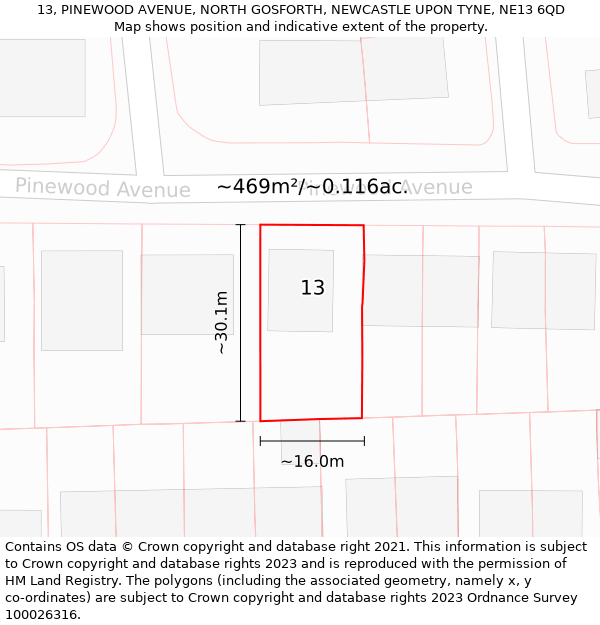 13, PINEWOOD AVENUE, NORTH GOSFORTH, NEWCASTLE UPON TYNE, NE13 6QD: Plot and title map