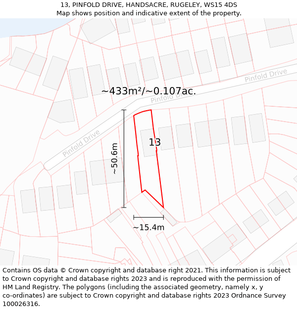 13, PINFOLD DRIVE, HANDSACRE, RUGELEY, WS15 4DS: Plot and title map