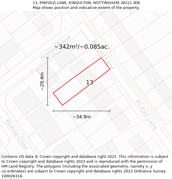 13, PINFOLD LANE, KINOULTON, NOTTINGHAM, NG12 3EB: Plot and title map