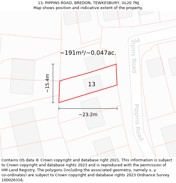 13, PIPPINS ROAD, BREDON, TEWKESBURY, GL20 7NJ: Plot and title map