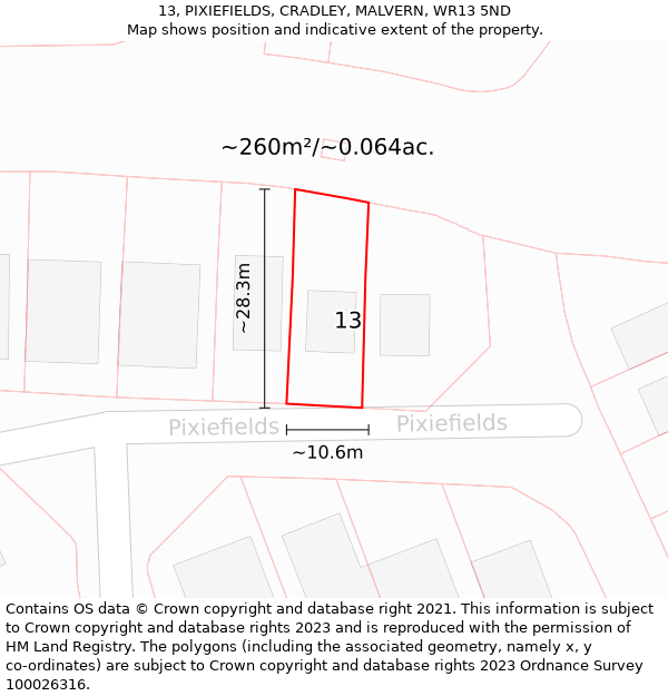 13, PIXIEFIELDS, CRADLEY, MALVERN, WR13 5ND: Plot and title map