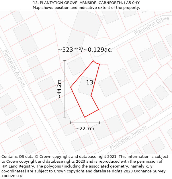 13, PLANTATION GROVE, ARNSIDE, CARNFORTH, LA5 0HY: Plot and title map