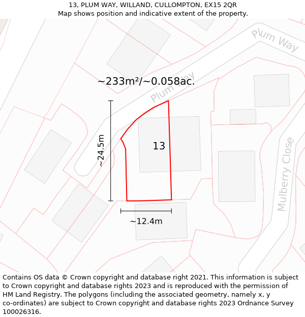 13, PLUM WAY, WILLAND, CULLOMPTON, EX15 2QR: Plot and title map