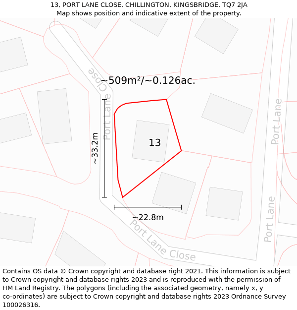 13, PORT LANE CLOSE, CHILLINGTON, KINGSBRIDGE, TQ7 2JA: Plot and title map