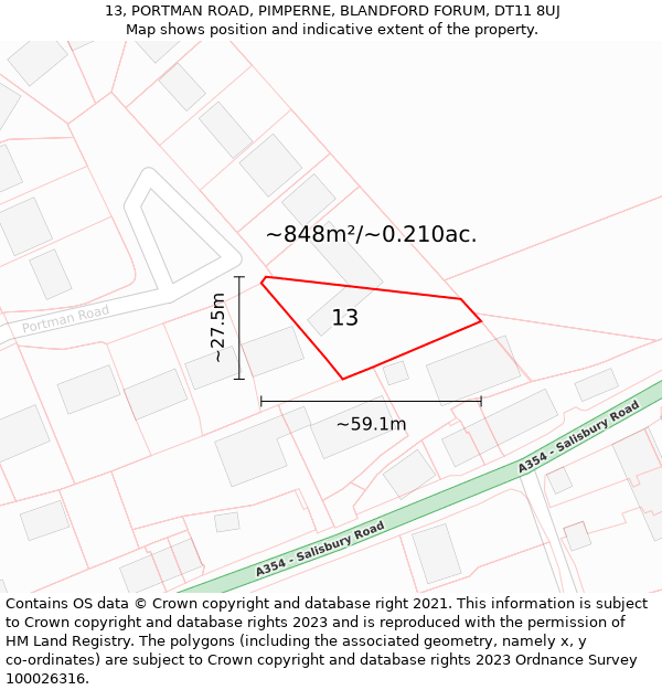 13, PORTMAN ROAD, PIMPERNE, BLANDFORD FORUM, DT11 8UJ: Plot and title map