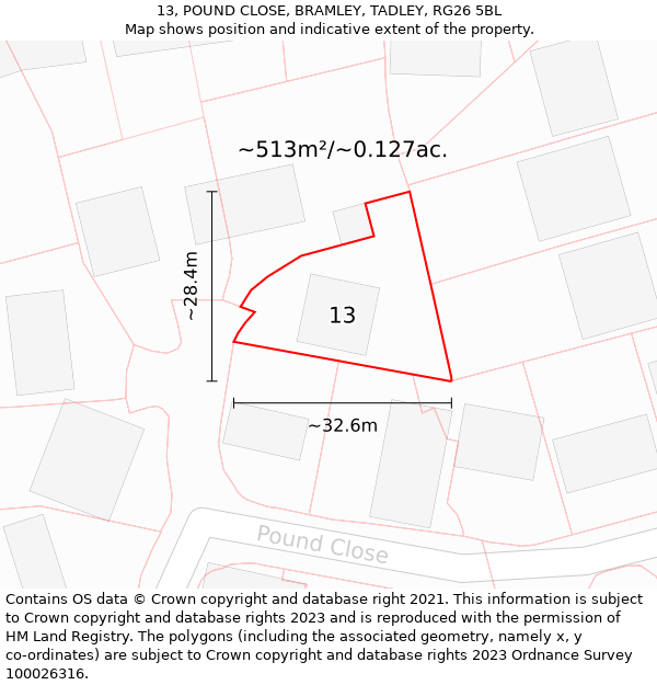 13, POUND CLOSE, BRAMLEY, TADLEY, RG26 5BL: Plot and title map